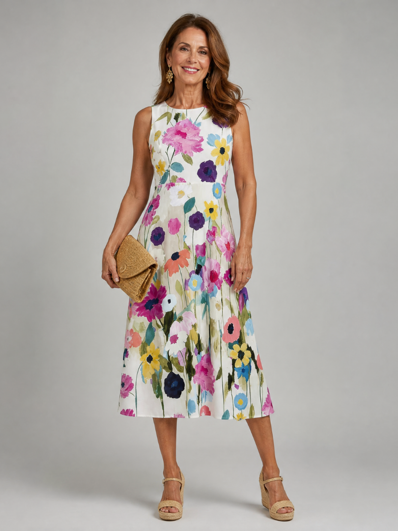 Damen Midikleid mit Blumendruck und Rundhalsausschnitt Jully