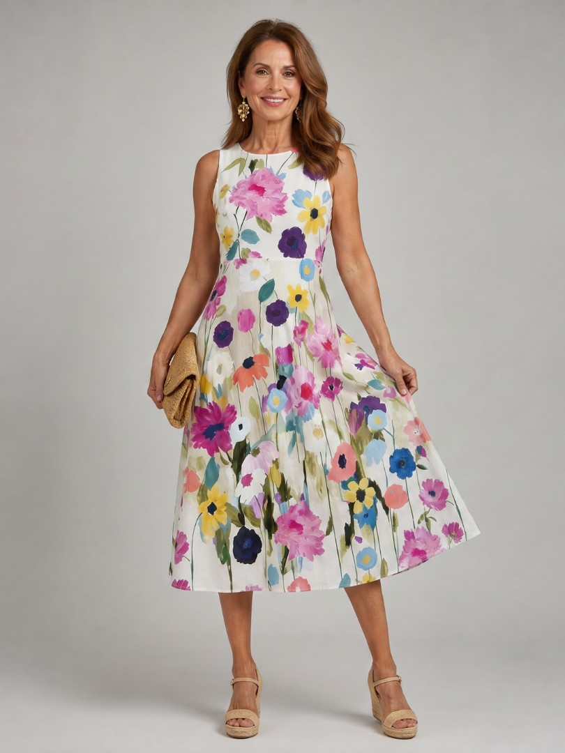 Damen Midikleid mit Blumendruck und Rundhalsausschnitt Jully