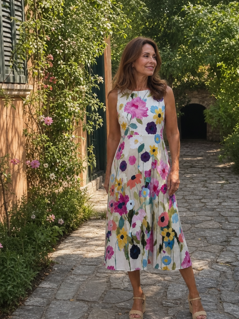 Damen Midikleid mit Blumendruck und Rundhalsausschnitt Jully