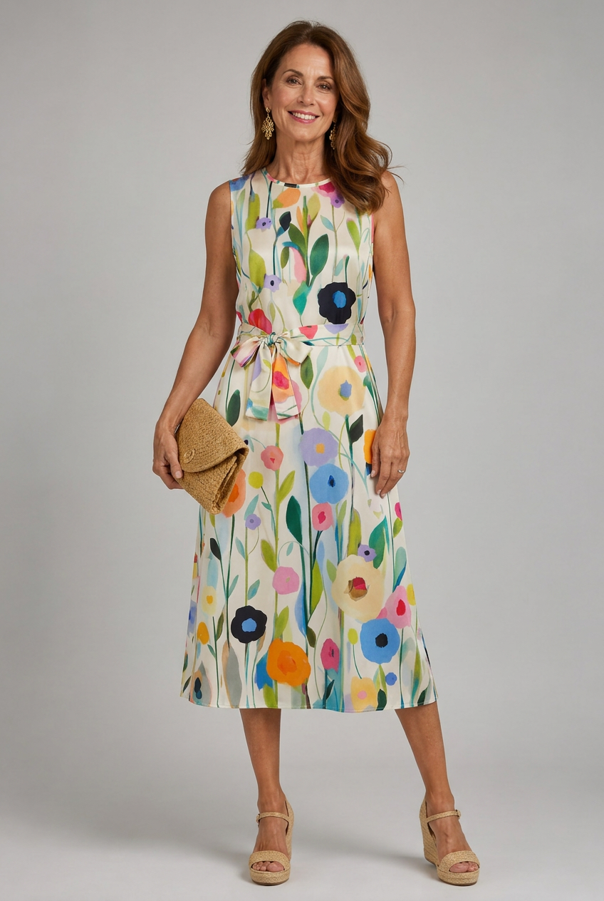 Damen Midikleid mit Blumendruck und Rundhalsausschnitt Jully