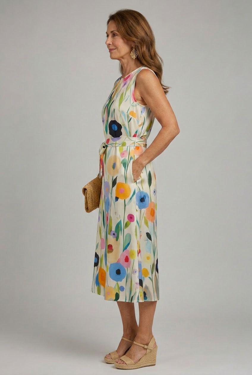 Damen Midikleid mit Blumendruck und Rundhalsausschnitt Jully