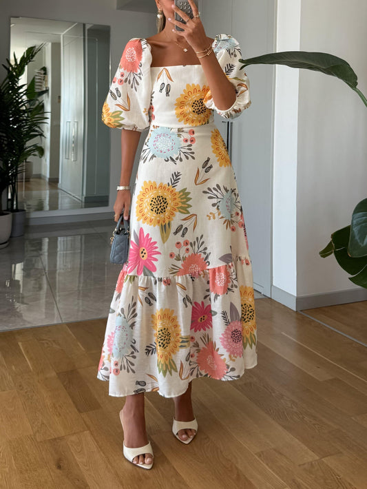 Damen Midikleid mit Blumenmuster und Puffärmeln Jully