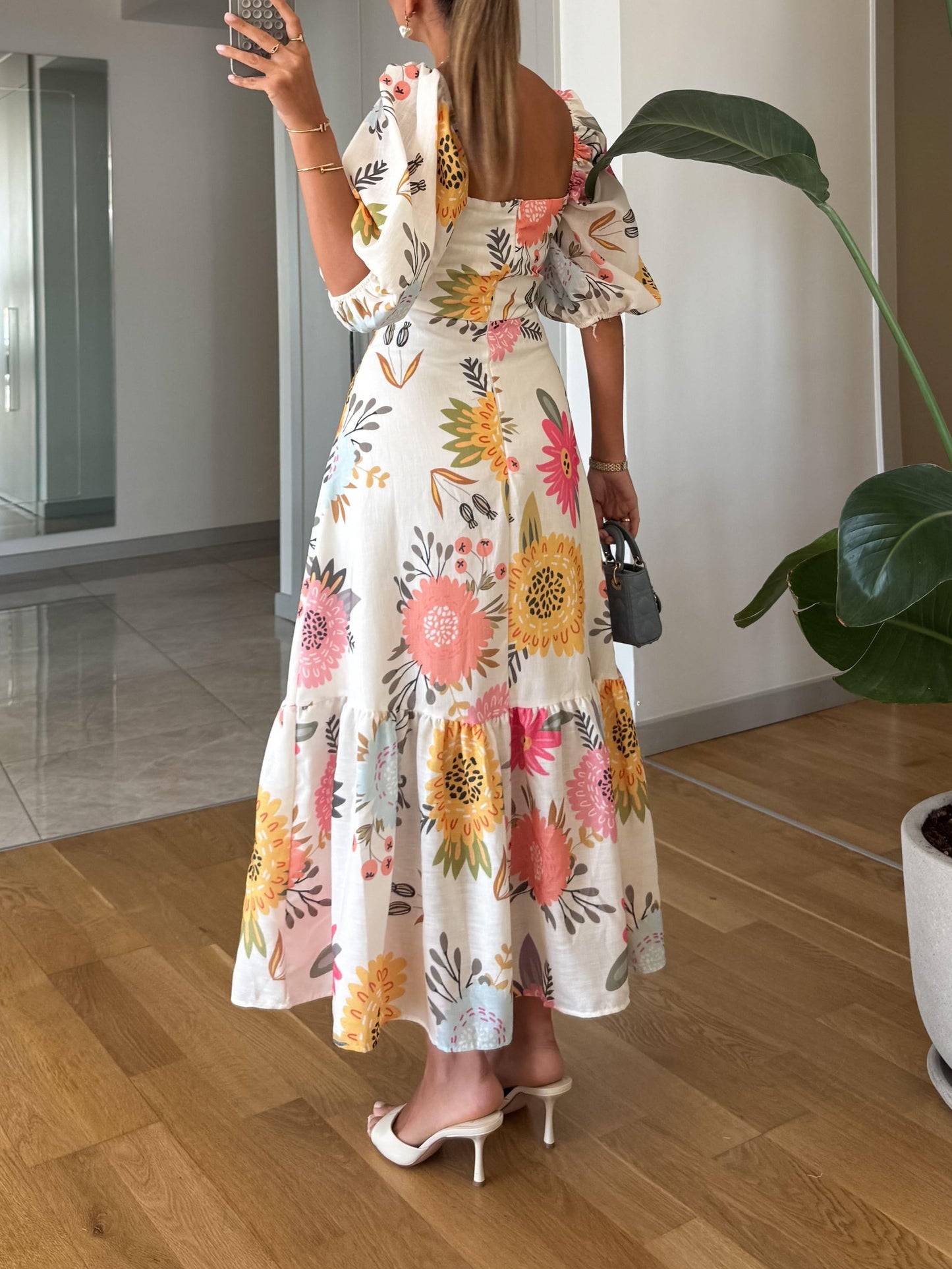Damen Midikleid mit Blumenmuster und Puffärmeln Jully
