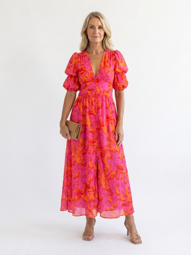 Damen Midikleid mit Puffärmeln aus leichtem Stoff Jully