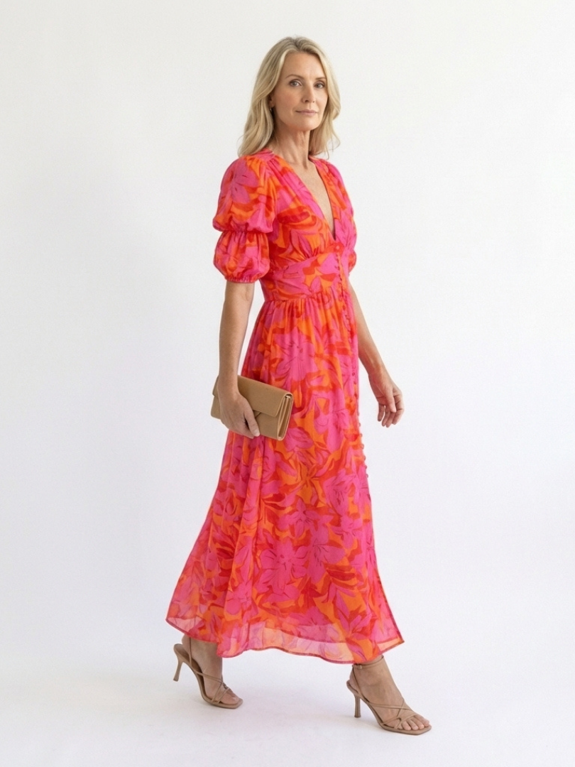 Damen Midikleid mit Puffärmeln aus leichtem Stoff Jully