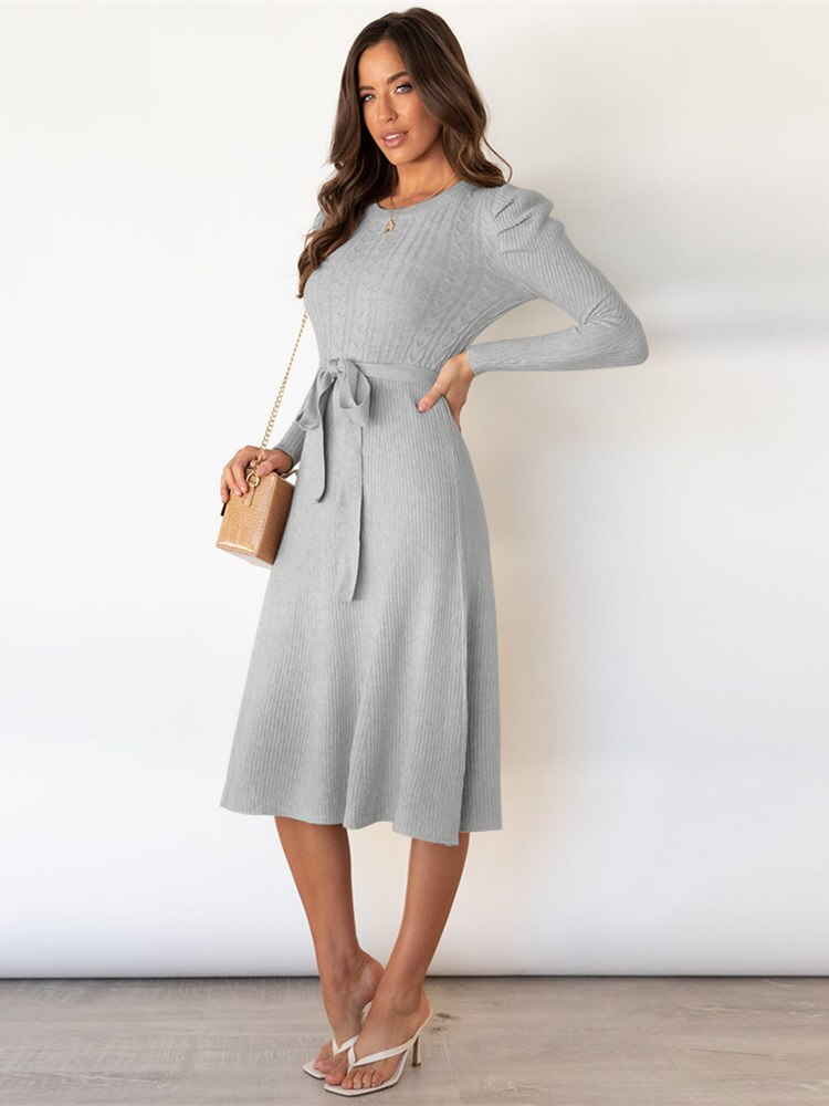 Damen Midikleid mit Rundhalsausschnitt und Gürtel Jully
