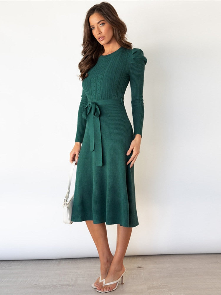 Damen Midikleid mit Rundhalsausschnitt und Gürtel Jully