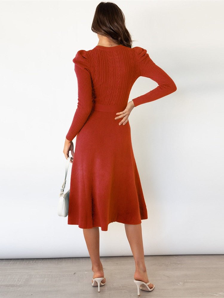 Damen Midikleid mit Rundhalsausschnitt und Gürtel Jully