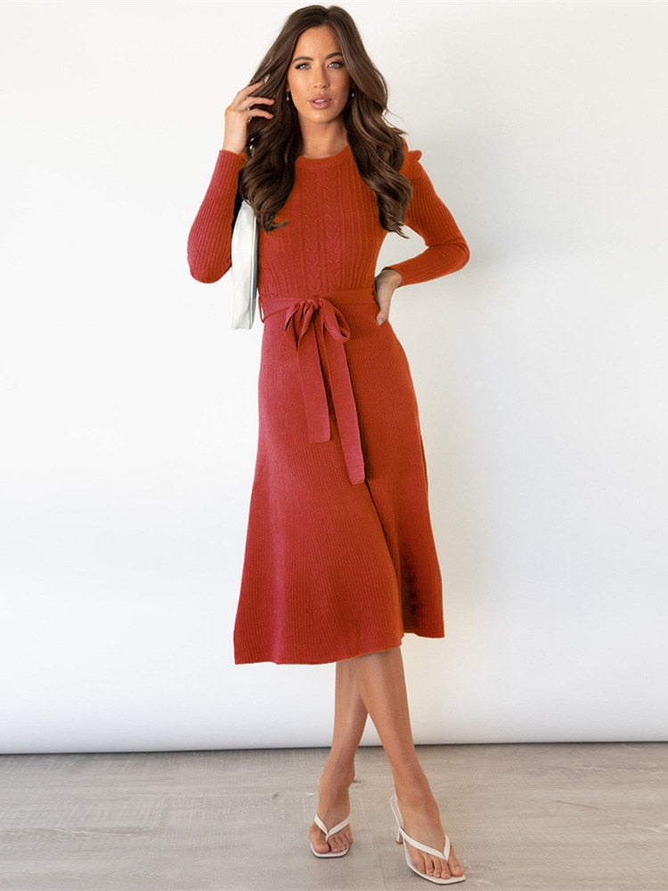 Damen Midikleid mit Rundhalsausschnitt und Gürtel Jully