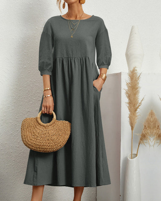 Damen Midikleid mit Rundhalsausschnitt und Laternenärmeln Jully