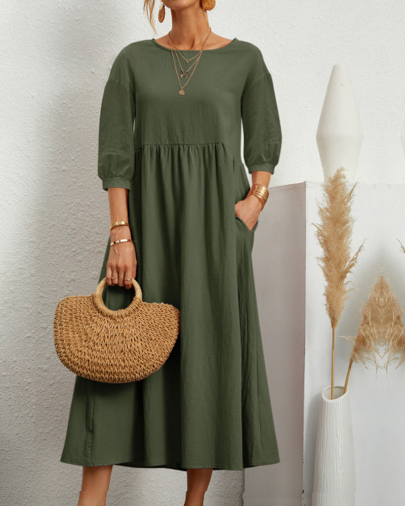 Damen Midikleid mit Rundhalsausschnitt und Laternenärmeln Jully
