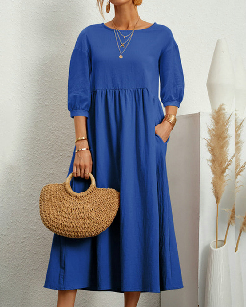 Damen Midikleid mit Rundhalsausschnitt und Laternenärmeln Jully