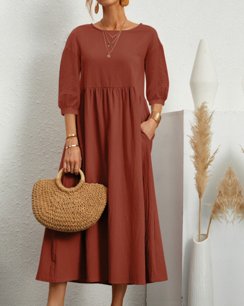 Damen Midikleid mit Rundhalsausschnitt und Laternenärmeln Jully