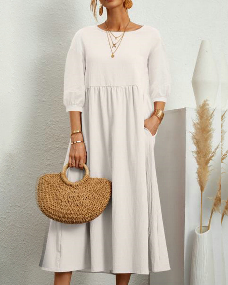 Damen Midikleid mit Rundhalsausschnitt und Laternenärmeln Jully