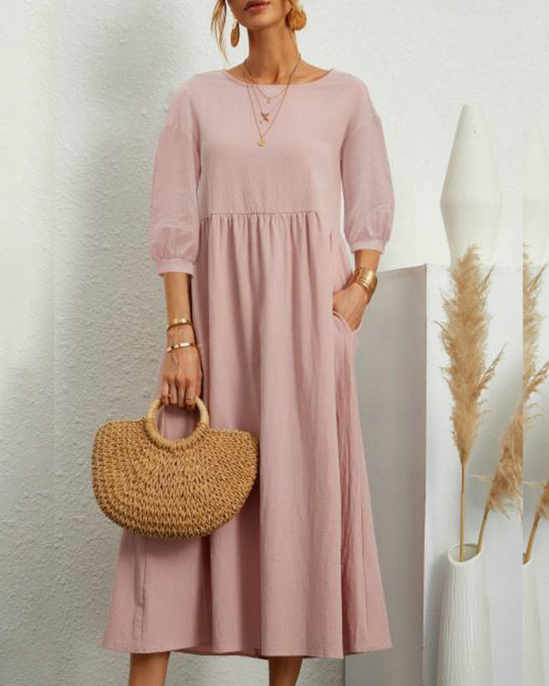 Damen Midikleid mit Rundhalsausschnitt und Laternenärmeln Jully
