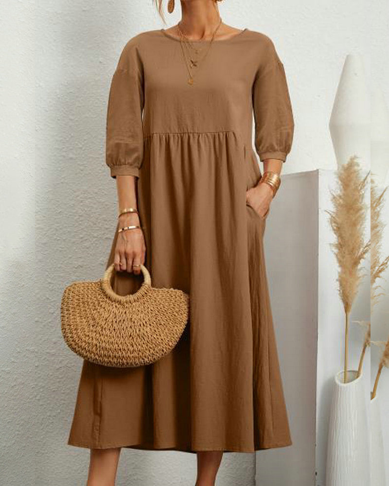 Damen Midikleid mit Rundhalsausschnitt und Laternenärmeln Jully