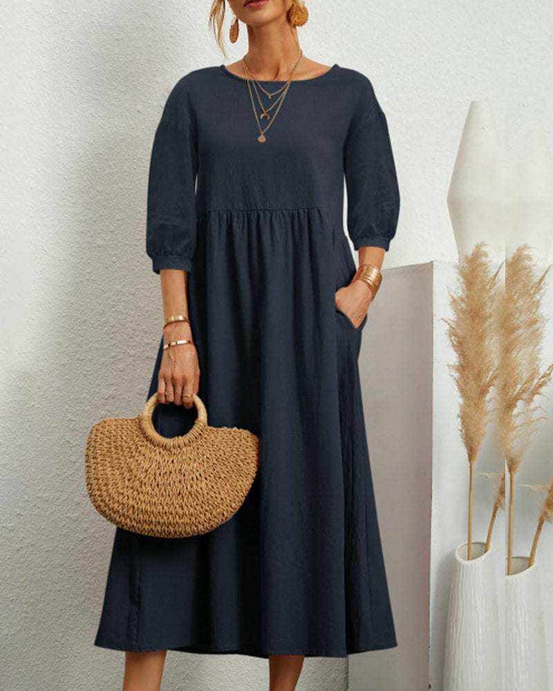 Damen Midikleid mit Rundhalsausschnitt und Laternenärmeln Jully