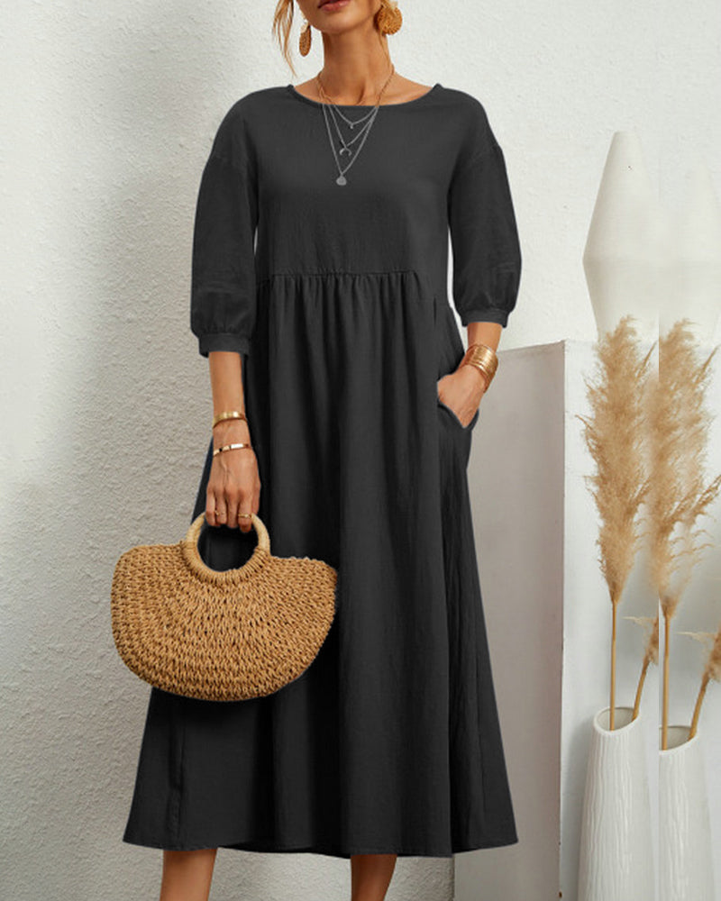 Damen Midikleid mit Rundhalsausschnitt und Laternenärmeln Jully