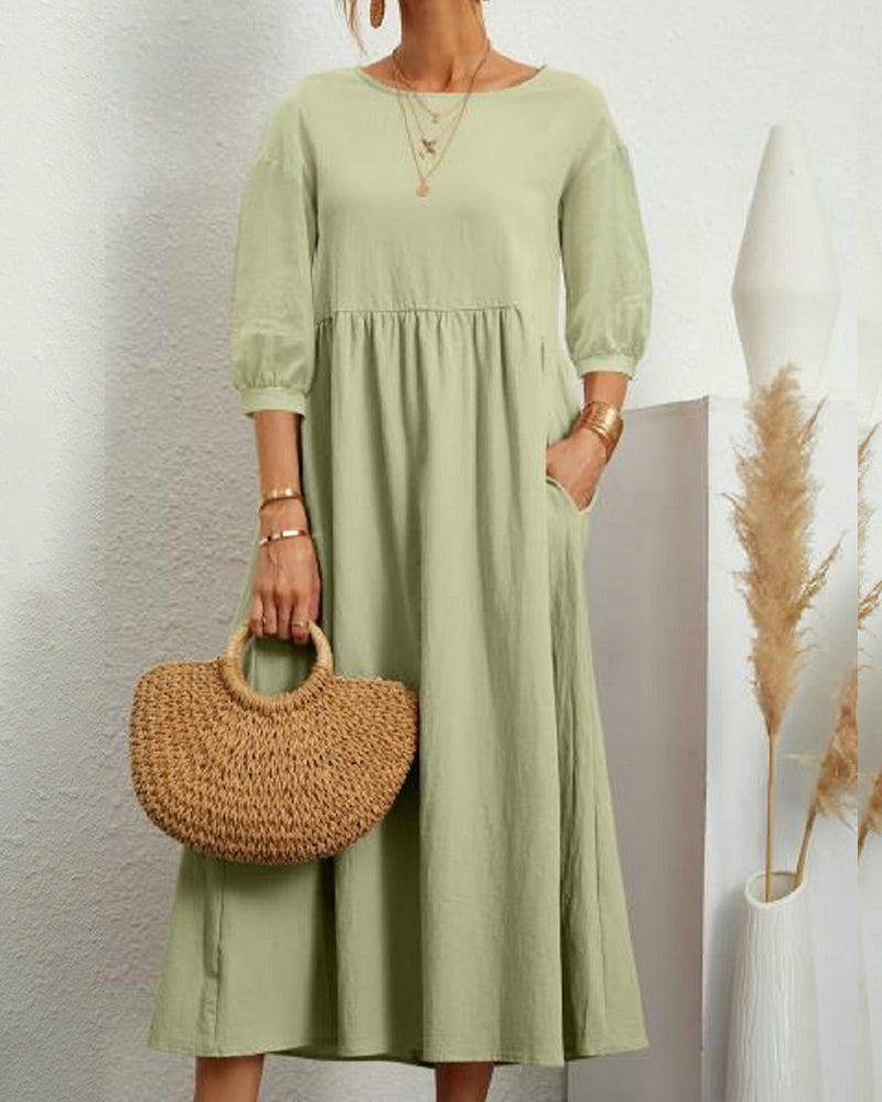 Damen Midikleid mit Rundhalsausschnitt und Laternenärmeln Jully