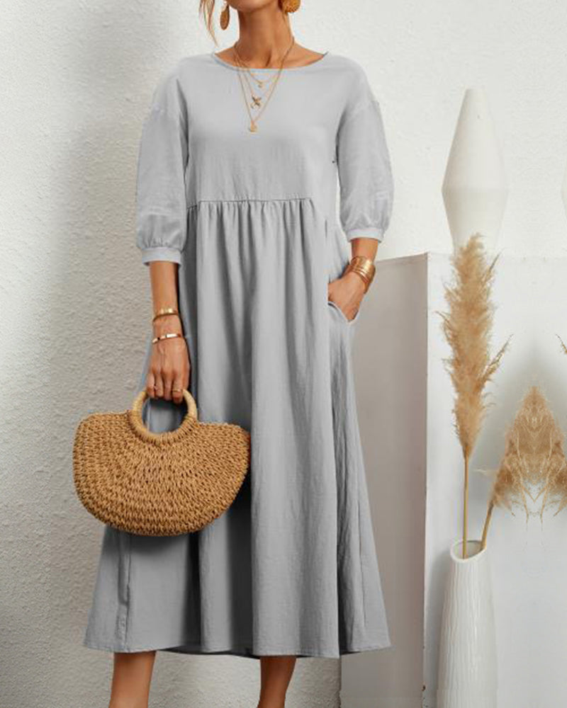 Damen Midikleid mit Rundhalsausschnitt und Laternenärmeln Jully