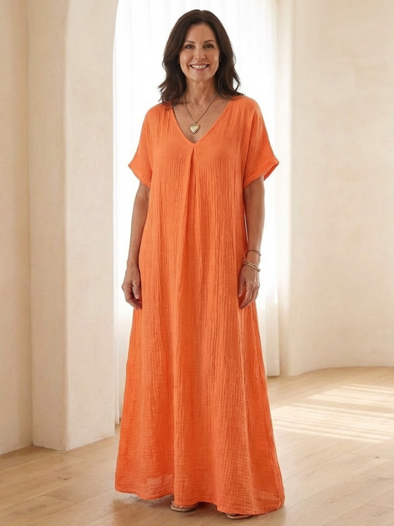 Damen Midikleid mit V-Ausschnitt in Orange Jully