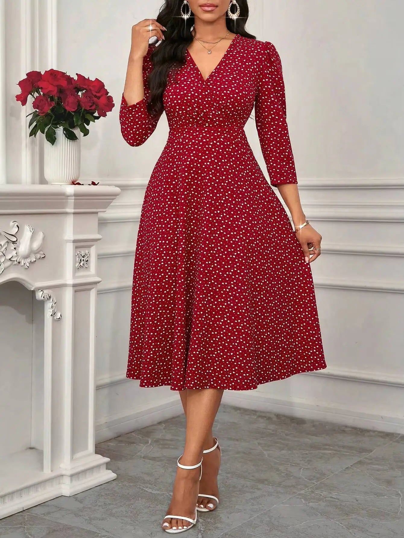 Damen Midikleid mit V-Ausschnitt und 3/4-Ärmeln Jully