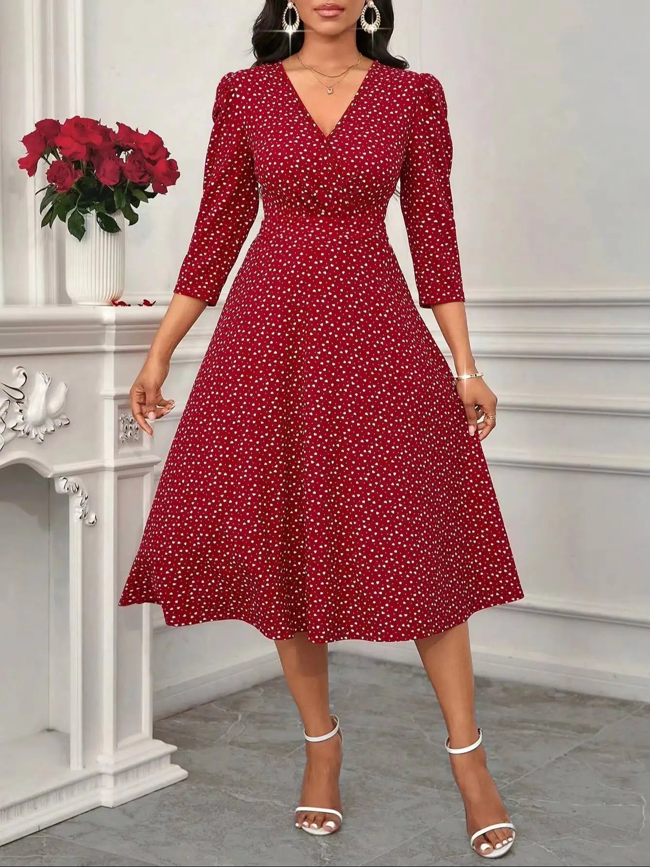 Damen Midikleid mit V-Ausschnitt und 3/4-Ärmeln Jully