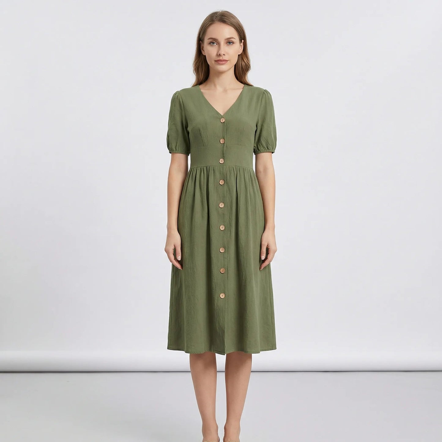 Damen Midikleid mit V-Ausschnitt und Knopfleiste Jully