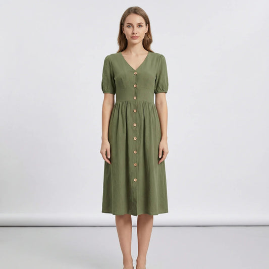 Damen Midikleid mit V-Ausschnitt und Knopfleiste Jully