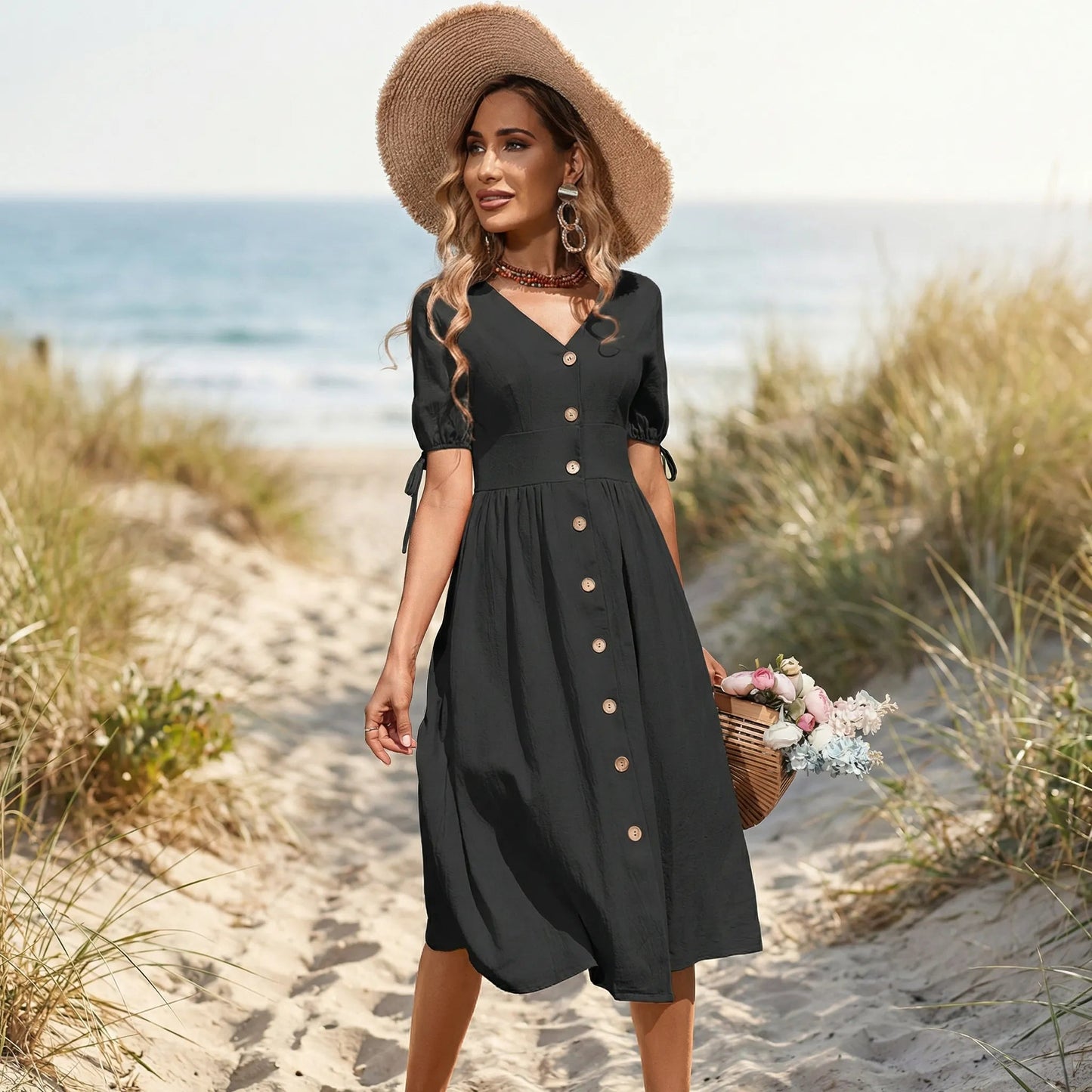Damen Midikleid mit V-Ausschnitt und Knopfleiste Jully