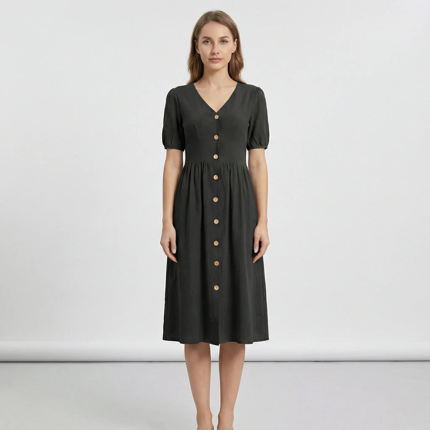 Damen Midikleid mit V-Ausschnitt und Knopfleiste Jully
