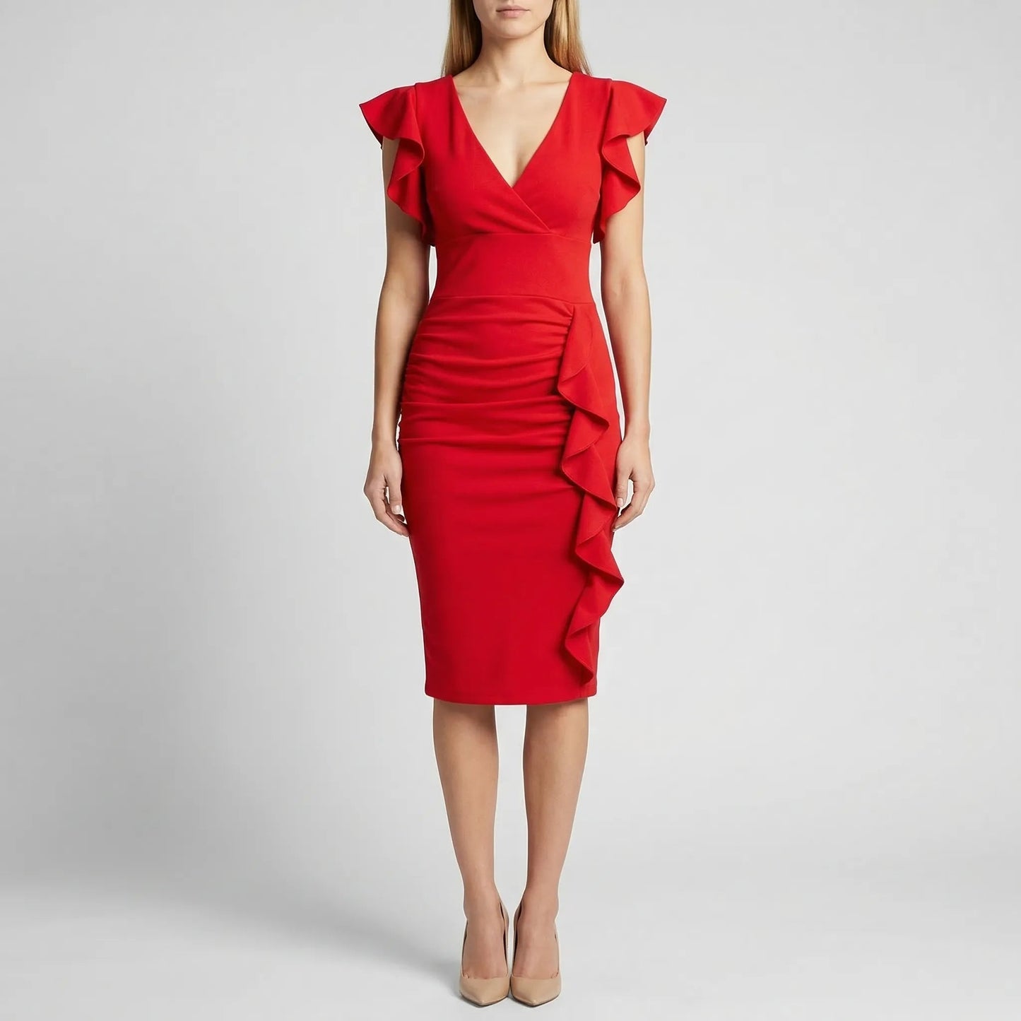 Damen Midikleid mit V-Ausschnitt und Rüschen Jully
