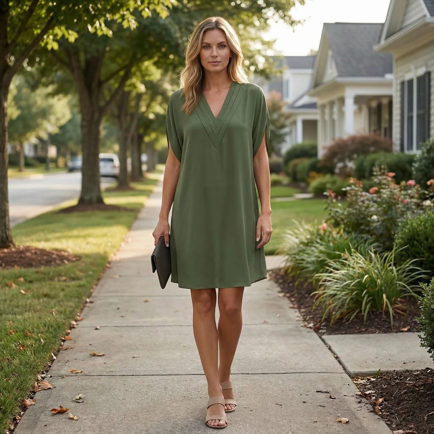 Damen Midikleid mit V-Ausschnitt und Schlitzärmeln Jully