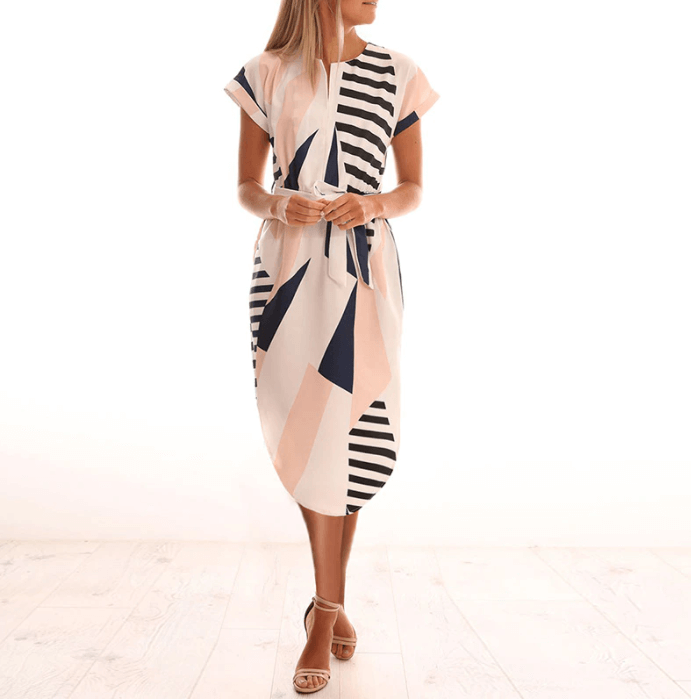 Damen Midikleid mit V-Ausschnitt und Taillengürtel Jully