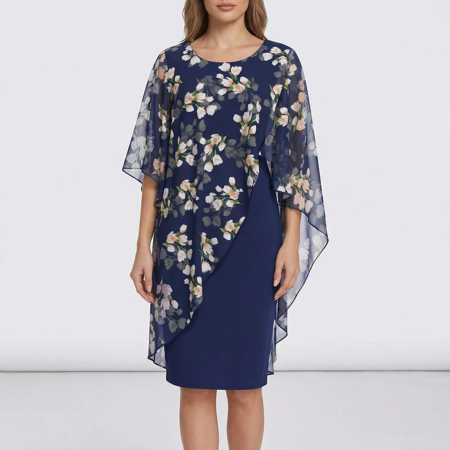 Damen Midikleid mit floralem Overlay in Marineblau Jully