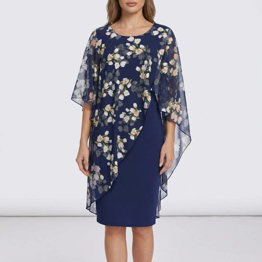 Damen Midikleid mit floralem Overlay in Marineblau Jully