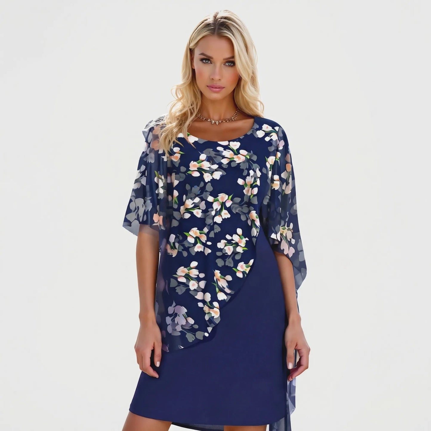 Damen Midikleid mit floralem Overlay in Marineblau Jully