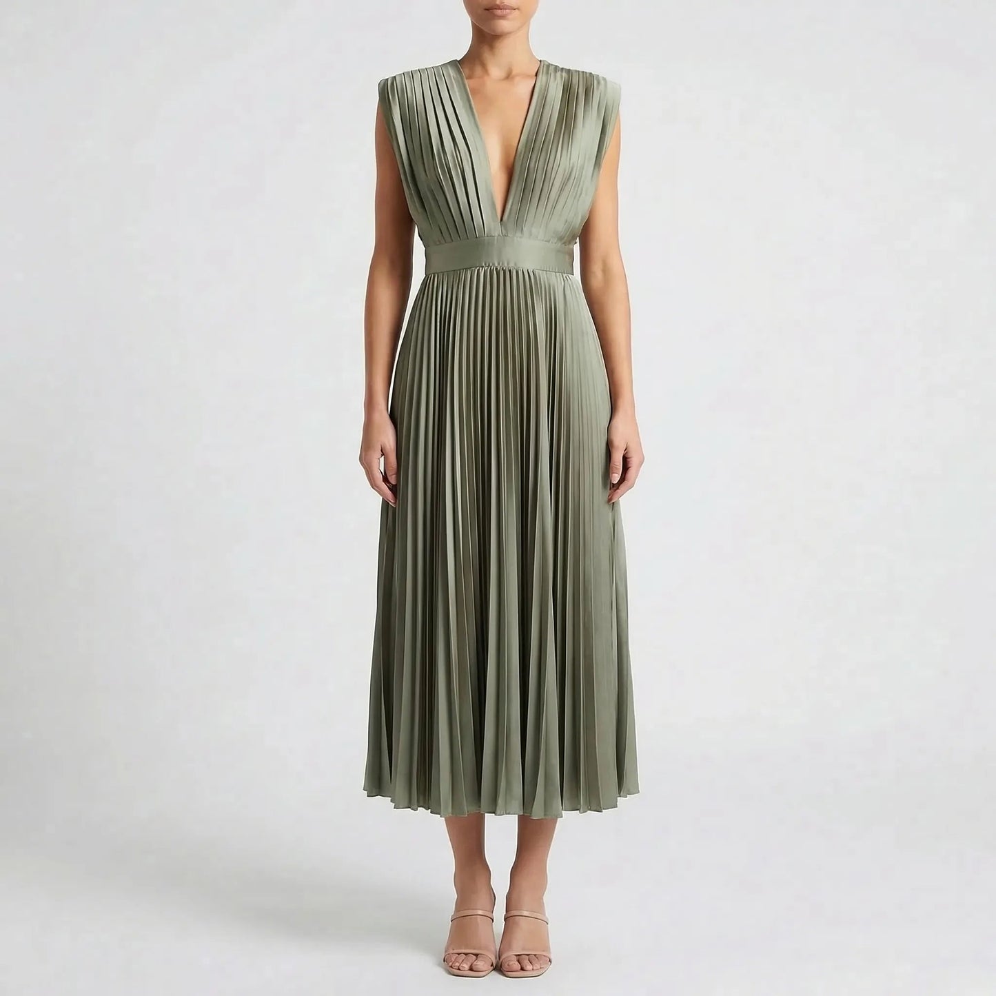 Damen Midikleid mit plissiertem Rock und V-Ausschnitt Jully
