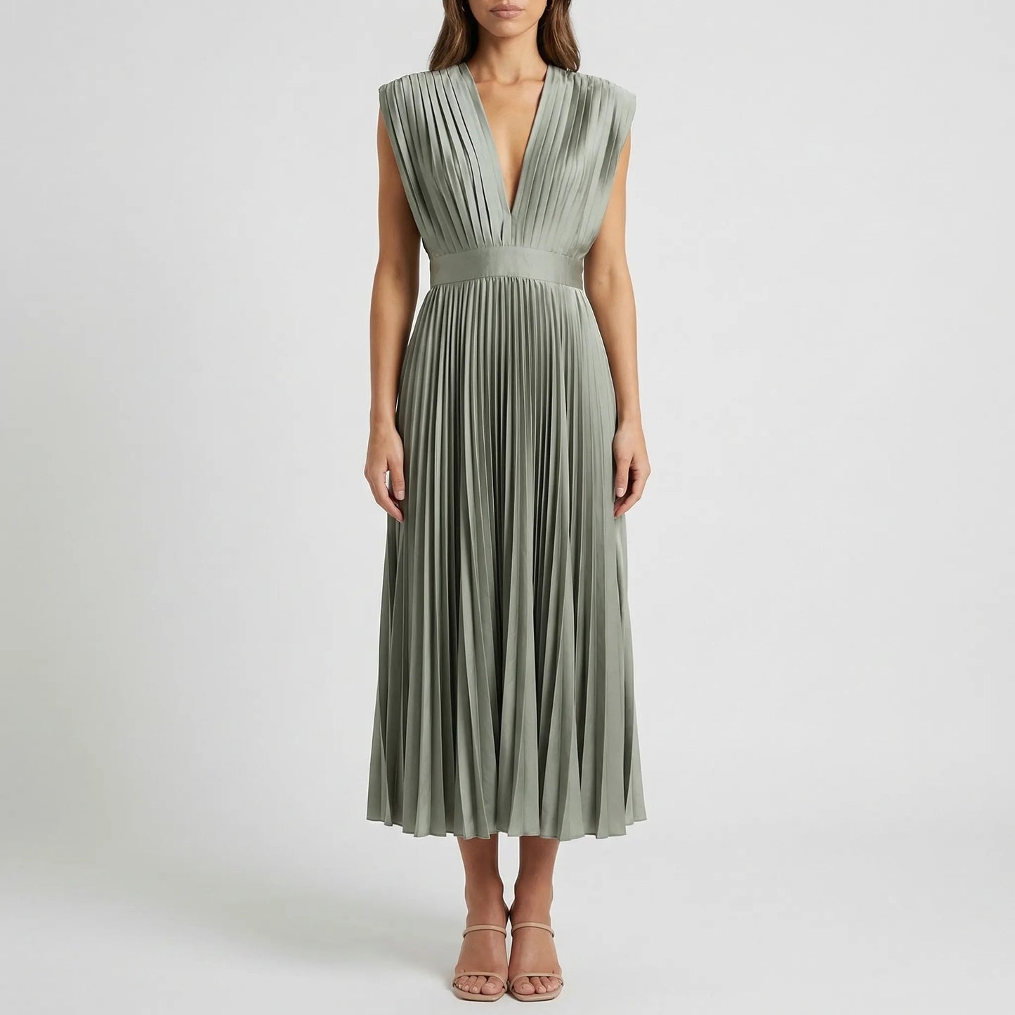 Damen Midikleid mit plissiertem Rock und V-Ausschnitt Jully