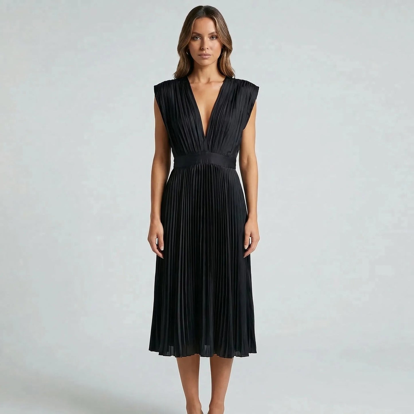 Damen Midikleid mit plissiertem Rock und V-Ausschnitt Jully
