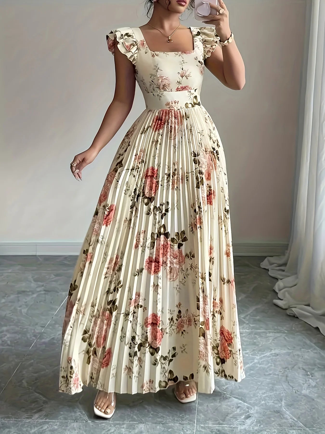 Damen Midikleid mit quadratischem Ausschnitt und Rüschen Jully