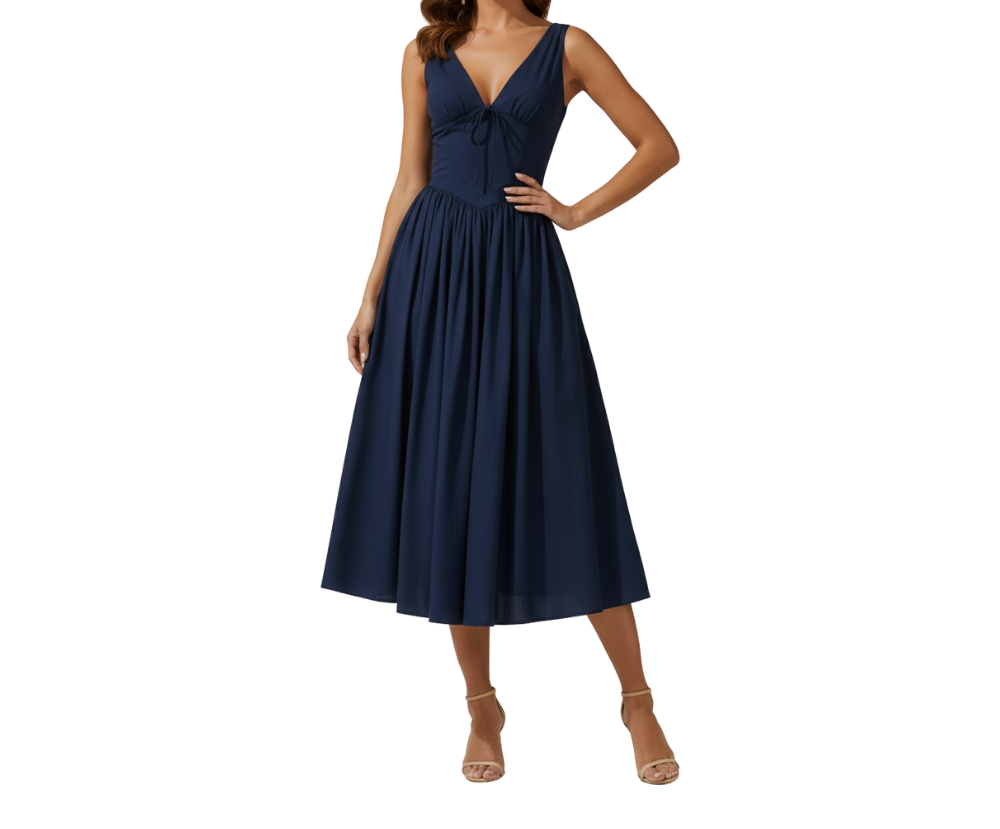 Damen Midikleid mit tiefem V-Ausschnitt und ausgestelltem Rock Jully