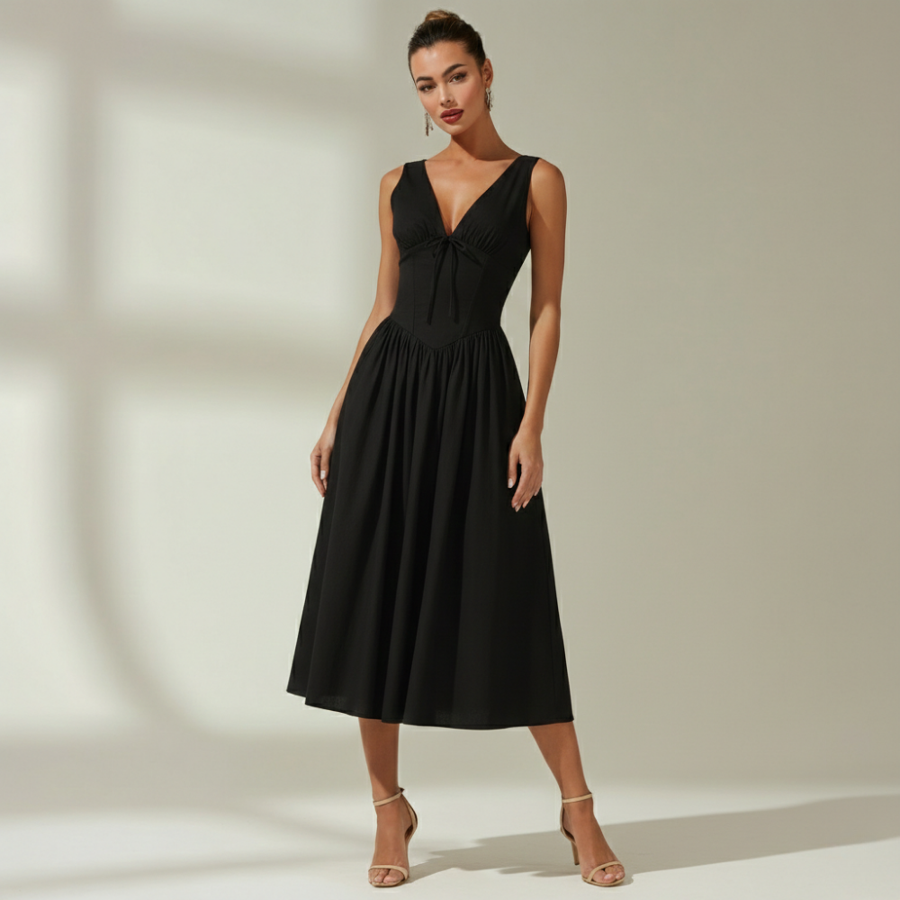 Damen Midikleid mit tiefem V-Ausschnitt und ausgestelltem Rock Jully