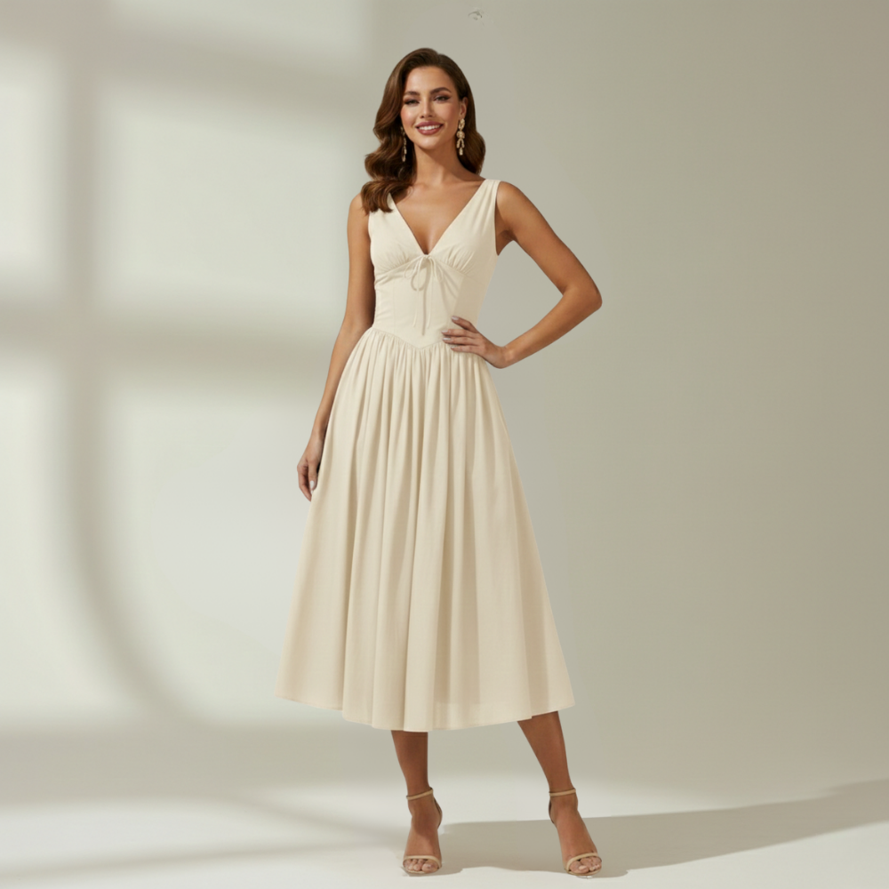 Damen Midikleid mit tiefem V-Ausschnitt und ausgestelltem Rock Jully