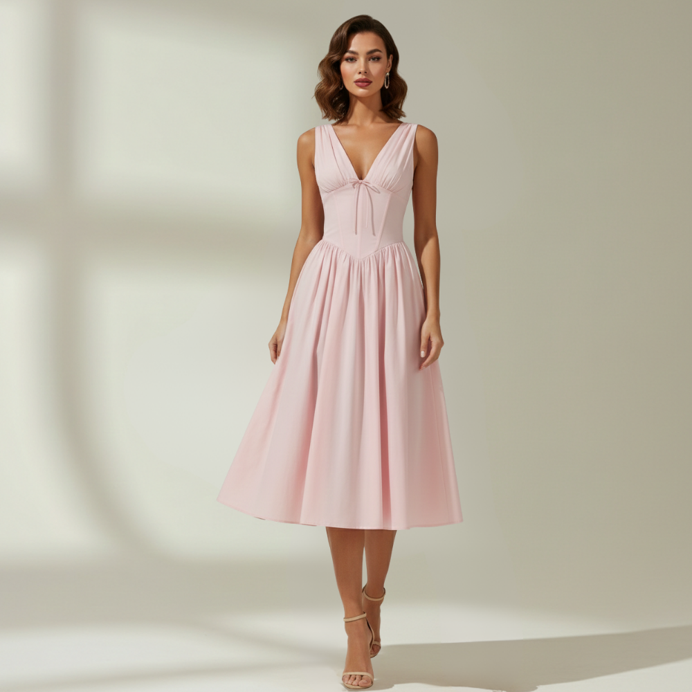 Damen Midikleid mit tiefem V-Ausschnitt und ausgestelltem Rock Jully