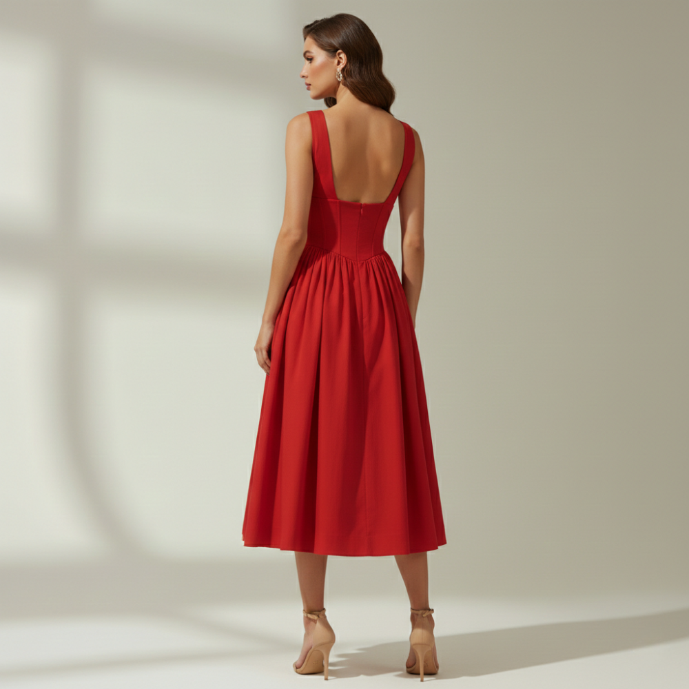 Damen Midikleid mit tiefem V-Ausschnitt und ausgestelltem Rock Jully