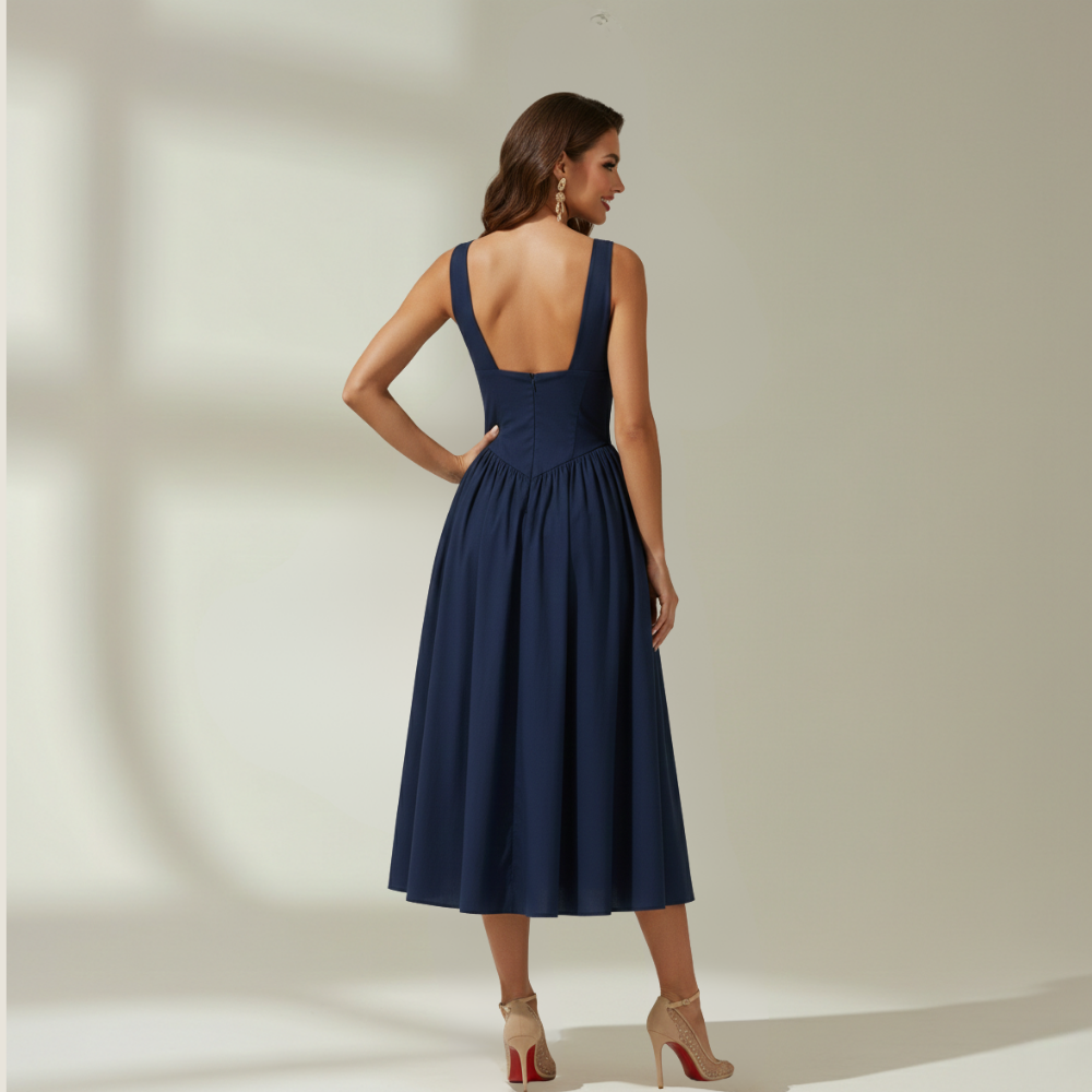 Damen Midikleid mit tiefem V-Ausschnitt und ausgestelltem Rock Jully