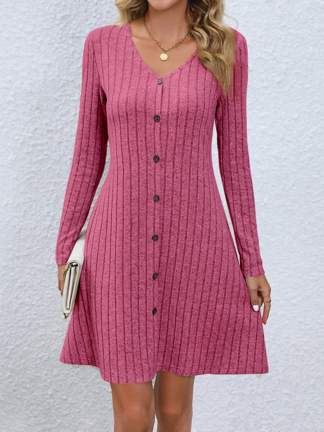 Damen Mini Kleid mit Rippenstrick und langen Ärmeln Jully