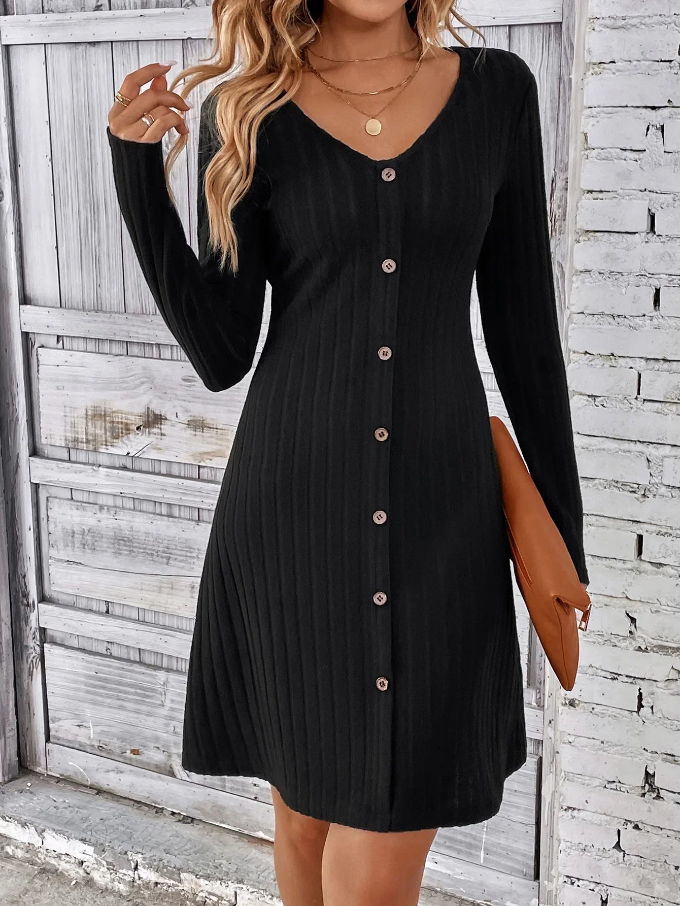 Damen Mini Kleid mit Rippenstrick und langen Ärmeln Jully