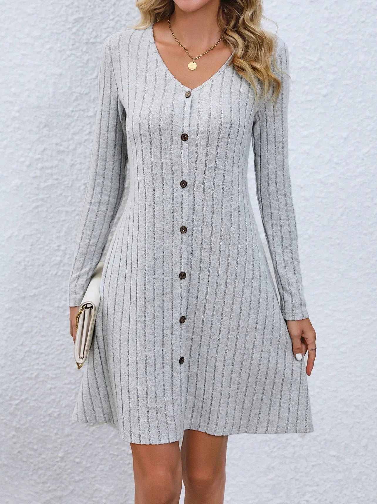 Damen Mini Kleid mit Rippenstrick und langen Ärmeln Jully